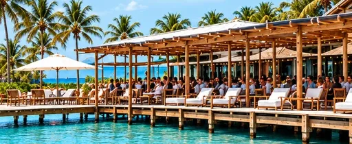 Goodies Beach Bar & Lounge on its dock over clear water at Rose Island