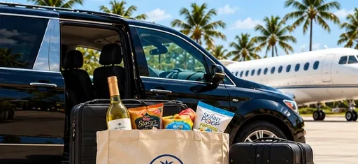 A private black van at the airport with luggage and a TKC tote bag of kosher snacks